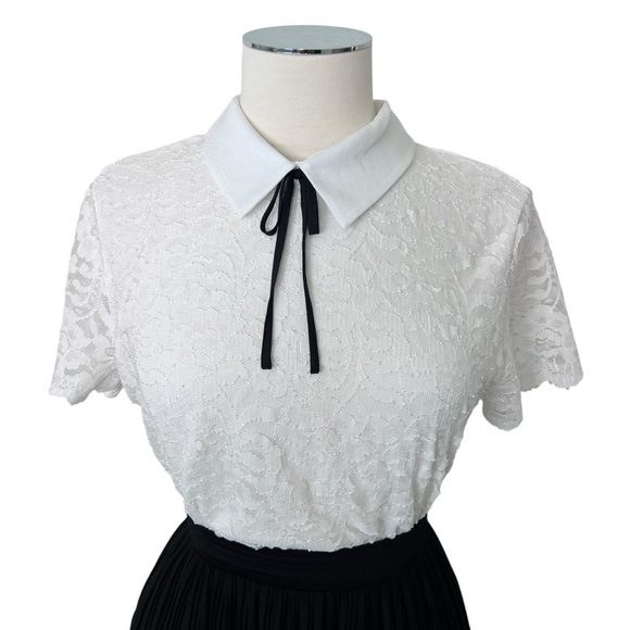 Karl Lagerfeld Tops - KARL LAGERFELD Peter Pan Collar Black Tie Short Sleeve Lace Top Blouse White M
